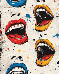 A colorful painting of three lips with one of them open and the other two closed. The painting has a playful and fun vibe, with the open lip being the center of attention