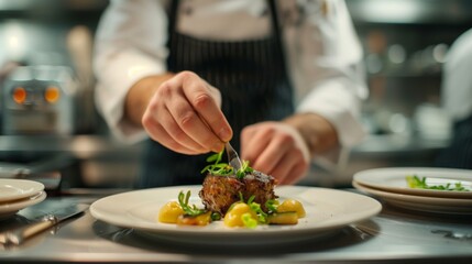 A chef carefully arranges a dish in a restaurant kitchen