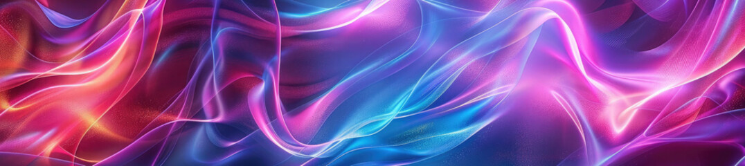 Poster - Futuristic trendy background with wavy airy texture of silk neon shiny blue purple fabric in the form of a wave on a dark background. Neon wave. Copy space. Banner