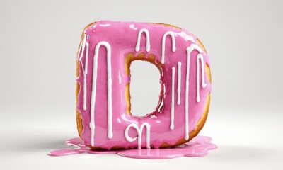 Pink glazed donut shaped as the letter D, melting on white background