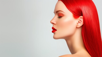 Wall Mural - A woman with red hair and red lipstick. A woman with long red hair and red lips. The image has a bold and confident mood, with the woman's striking appearance and the vibrant red color of her hair