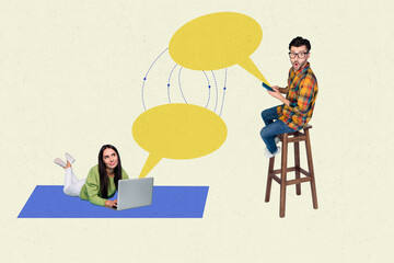 Poster - Composite collage picture of two people use laptop smart phone mind dialogue bubble isolated on creative background