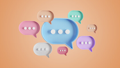 Wall Mural - Minimalist blue red green purple speech bubbles talk icons floating over orange background. Modern conversation or social media messages with shadow. 3D rendering