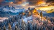© Wanlop - Majestic fairy-tale castle with soaring turrets, twinkling ice crystals, and misty veil, nestled in snow-capped mountain range under serene dusk sky.