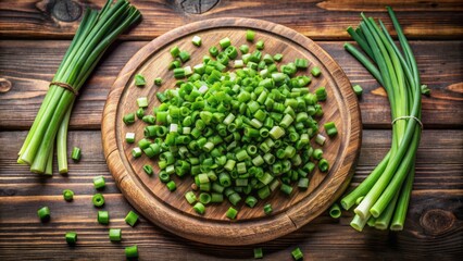 Top view of a rustic wooden kitchen cutting board with a bunch of fresh green onions arranged in a circular pattern.