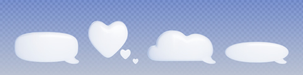 Poster - Blank speech bubbles set isolated on transparent background. Vector realistic illustration of white oval, heart, cloud shape text boxes for social media chat ui design, thought, idea, message sign