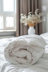 Canvas Print - A neatly folded white duvet lies on a white bed