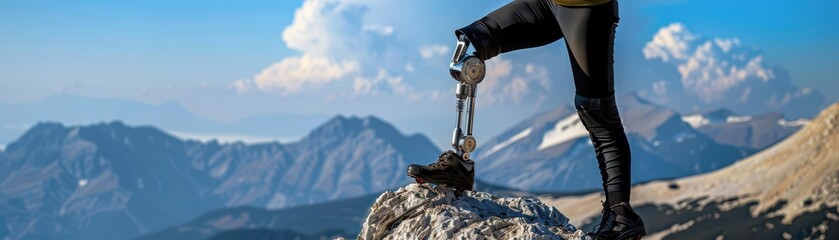 Wall Mural - A person with a bionic leg scales a rocky mountain peak