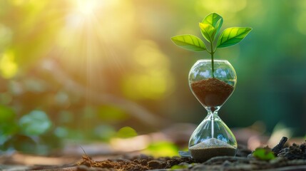 hourglass containing green plants in a natural environment