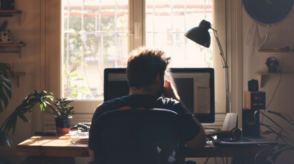 Poster - A man sits at a computer desk in a room with a window letting in sunlight and plants