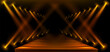 © klyaksun - Fashion runway stage with golden spotlights and sparkles. Realistic 3d vector illustration of dark empty catwalk podium background. Abstract concert or night show studio corridor interior.
