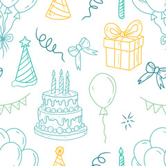 Seamless pattern in blue and yellow pastel colors for happy birthday celebration wrapping paper. Hand drawn vector sketch illustration in doodle engraved vintage line art style. Print, decoration