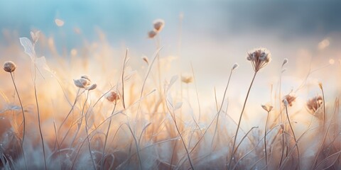 Canvas Print - A frosty field at dawn with delicate dew drops on grass, creating a soft, ethereal morning landscape.