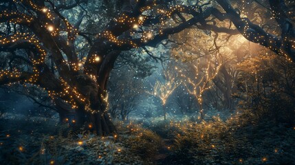 Canvas Print - The magical forest glows in the moonlight, fireflies lighting the path between trees with fairy lights, creating a serene, enchanting atmosphere where nature meets magic