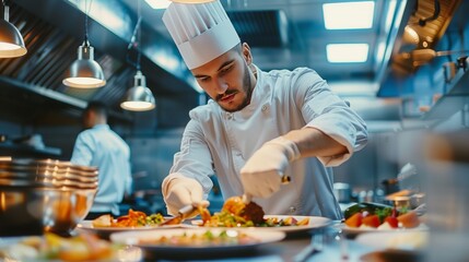 A chef in a white uniform carefully arranges a plate of food in a restaurant kitchen