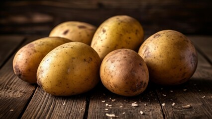 Poster -  Freshly harvested potatoes on rustic wooden surface