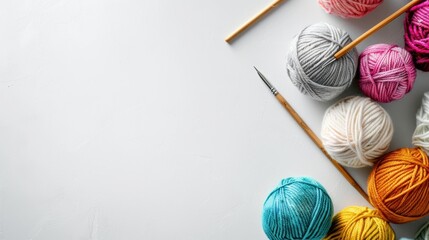 free space on the top corner for title banner with a watercolor style, knitting, balls of yarn, knitting needles, white background