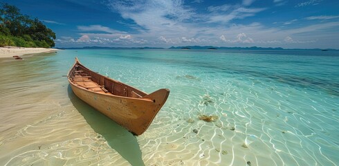 Wall Mural - A wooden canoe on sandy beach of a tropical island, surrounded by turquoise waters.