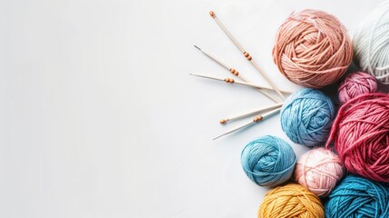 free space on the top corner for title banner with a watercolor style, knitting, balls of yarn, knitting needles, white background