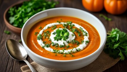 Poster -  Deliciously creamy pumpkin soup with a dollop of sour cream and fresh herbs