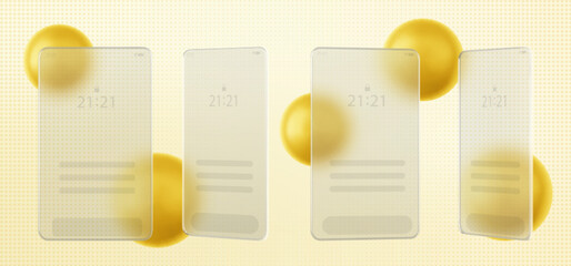 Poster - mobile phone screen interface on blur rectangular transparent glass over gold sphere on pastel dotte