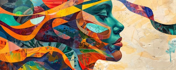 Wall Mural - Woman merges with abstract shapes in a vibrant illustration, capturing beauty, art, and diversity. Celebrating expression and individuality with colorful, imaginative design