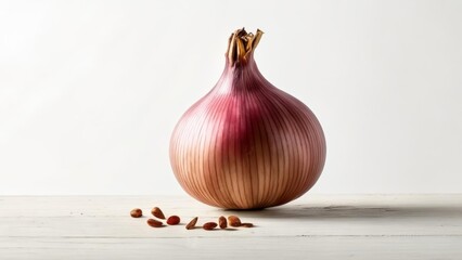 Sticker -  A single red onion with its top cut off sitting on a white surface with a few onion skins scattered around it