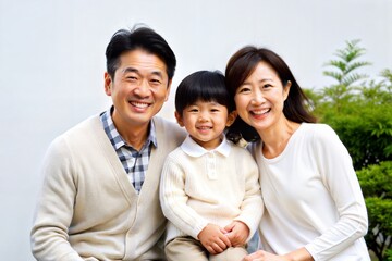 Happy Asian Family Posing Together Outdoors
