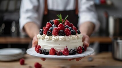 Chef carefully holding a decorated birthday cake with fresh berries