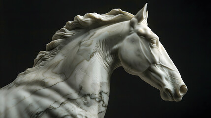 Wall Mural - a race horse made of white marble against a black background