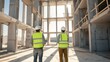 © Pual GotoMars - Two construction workers in yellow vests and hard hats inspecting a large unfinished building structure under bright sunlight.