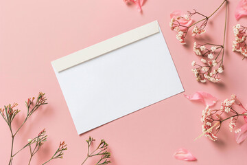 Poster - Simple and elegant blank greeting card featuring white flowers blossoms on a soft pink backdrop, ready for personalized notes and messages