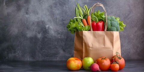 Wall Mural - Promoting Healthy Eating with Fresh Fruits and Vegetables in an Eco-Friendly Paper Bag. Concept Healthy Eating, Fresh Fruits, Vegetables, Eco-Friendly, Paper Bag