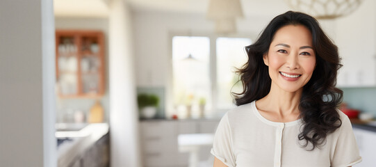 Wall Mural - portrait of a woman smiling in the bright home with copy space