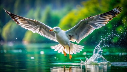 majestic seagull takes flight from serene green lake waters, sending droplets flying in a dynamic di