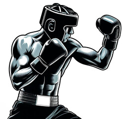 Wall Mural - Isolated black and white vector illustration of a male boxer with head guard doing a boxing ready stance on a white background.