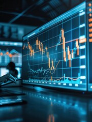 Stock market trading analysis on multiple monitors showing various financial data, graphs and candlestick charts in an office environment.