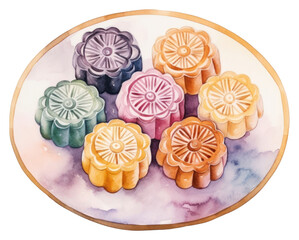 Canvas Print - PNG Watercolor 4 mooncakes on plate dessert food white background.