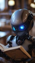 Sticker - Detailed robot reads a book in cozy lighting, with glowing blue eyes. The futuristic scene blends ai, innovation, and learning