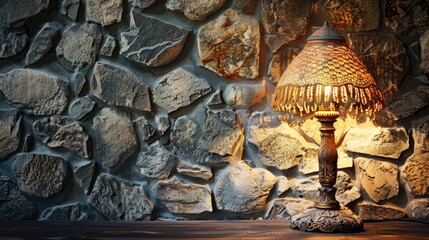 Wall Mural - Vintage lamp with lace in front of a stone wall Home decor concept vintage style empty space