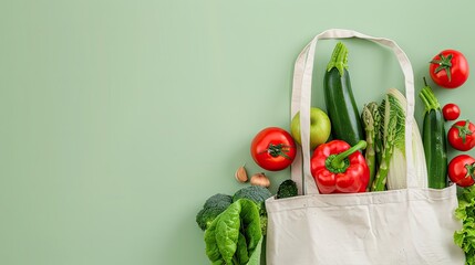 A white reusable tote bag overflows with fresh zucchini, red bell peppers, tomatoes, and broccoli on a grey surface next to other vegetables and herbs