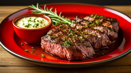 Canvas Print -  Deliciously grilled steak with a side of creamy horseradish sauce