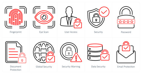 A set of 10 cyber security icons as fingerprint, eye scan, user access