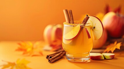 Poster - Apple Cider: A warm apple cider in a clear glass, featuring cinnamon sticks