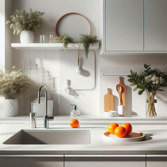 Wall Mural - Modern white minimalistic kitchen interior details. Stylish white quartz countertop with kitchen sink with water tap, oranges and potted plant