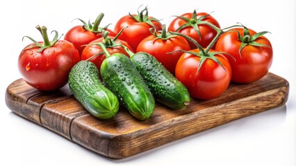 Freshly washed tomatoes and cucumbers arranged artfully on a rustic wooden chopping board against a clean white background.