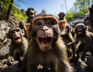 Wall Mural - A group of monkeys are smiling and laughing. They are all very young and appear to be very happy