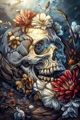 Sticker - Skull Adorned with Vibrant Blossoms and Delicate Flowers