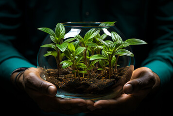 Wall Mural - A person is holding a small plant in a glass container. The plant is green and he is a seedling. The person is holding the plant with care, as if it is a precious item