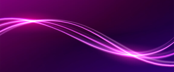 Poster - Pink neon wave line with light glow effect on dark background. Abstract vector bg with curve magic energy streak. Wavy bright sparkle laser fiber. Realistic futuristic technology dynamic shape.